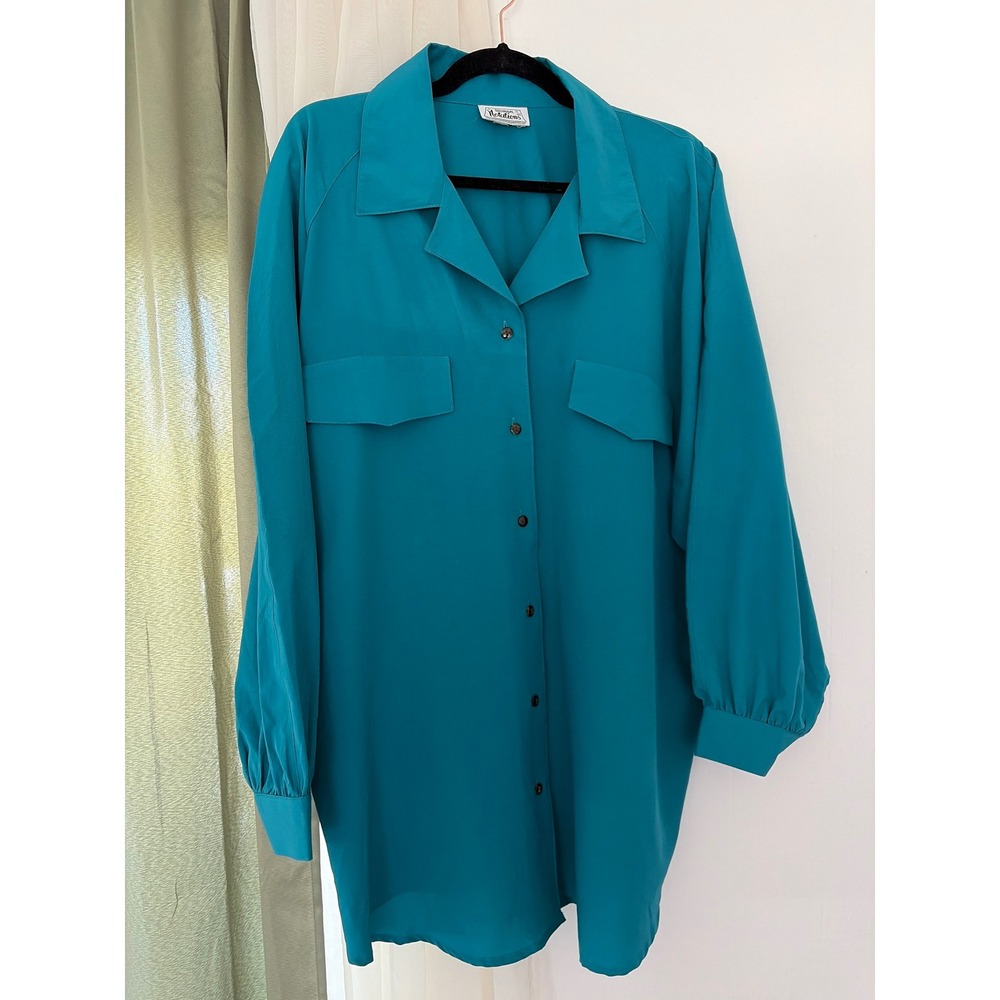 Woman Notations Button Down Shirt Women Plus Teal Blue Vintage Career Blouse Top